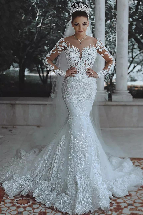 Luxurious Beaded Lace Mermaid Wedding Dresses with Sleeves Sheer Tulle  Appliques Bridal Gowns – Ballbella