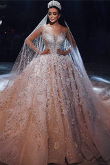Luxurious Beading Floral Bridal Gowns Sheer Neck Long Sleevess Ball Gown Wedding Dresses-Ballbella