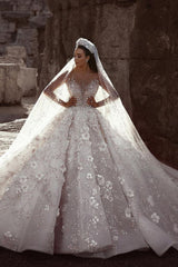 Luxurious Beading Floral Bridal Gowns Sheer Neck Long Sleevess Ball Gown Wedding Dresses-Ballbella