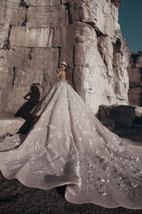 Luxurious Beading Floral Bridal Gowns Sheer Neck Long Sleevess Ball Gown Wedding Dresses-Ballbella