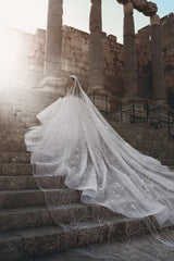 Luxurious Beading Floral Bridal Gowns Sheer Neck Long Sleevess Ball Gown Wedding Dresses-Ballbella