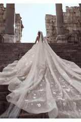 Luxurious Beading Floral Bridal Gowns Sheer Neck Long Sleevess Ball Gown Wedding Dresses-Ballbella