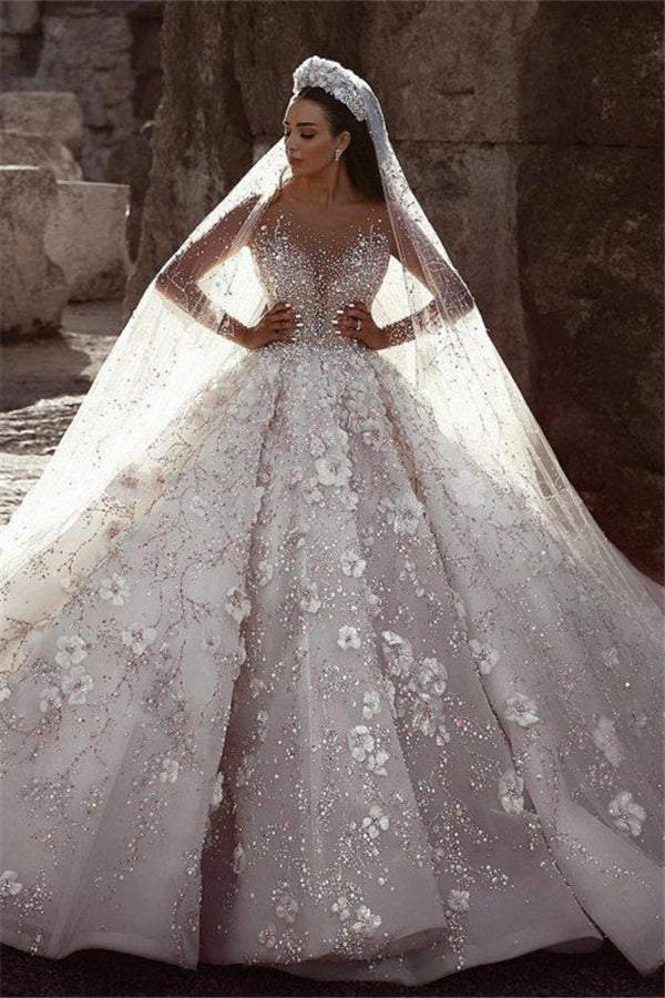 Luxurious Beading Floral Bridal Gowns Sheer Neck Long Sleevess Ball Gown Wedding Dresses Luxurious Beading Floral Bridal Gowns Sheer Neck Long Sleevess Ball Gown Wedding Dresses