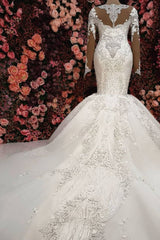 Luxurious Crystals Mermaid Bridal Gowns Long Sleevess Chapel Train Wedding Dresses-Ballbella