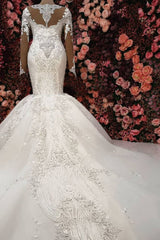 Luxurious Crystals Mermaid Bridal Gowns Long Sleevess Chapel Train Wedding Dresses-Ballbella
