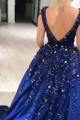 Luxurious Dark Navy Deep V-neck Cap sleeves Ball Gown Sparkle Beaded Prom Dresses-Ballbella