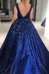 Luxurious Dark Navy Deep V-neck Cap sleeves Ball Gown Sparkle Beaded Prom Dresses-Ballbella