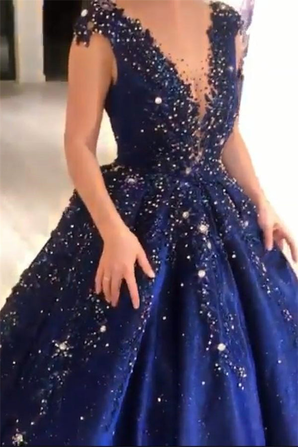 Luxurious Dark Navy Deep V-neck Cap sleeves Ball Gown Sparkle Beaded P Ballbella Luxurious Dark Navy Deep V-neck Cap sleeves Ball Gown Sparkle Beaded P Ballbella