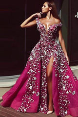 Luxurious Fuchsha Sparkle Sequin Off-the-shoulder Overskirt Evening Dress-Ballbella