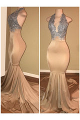 Luxurious Halter Sleeveless Lace Applique Mermaid Prom Dresses-Ballbella