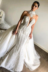 Luxurious High Neck Mermaid Sleeveless Wedding DressNew Arrival Lace Appliques Overskirt Bridal Gown-Ballbella