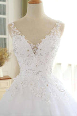 Luxurious Lace Beaded Wedding Dresses New Arrival V Neck Straps Long Ball Gown Wedding Party Bridal Dress-Ballbella