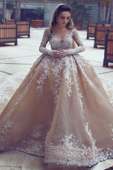Luxurious Long Sleeve Beadings Ball Gown Appliques Wedding Dress-Ballbella