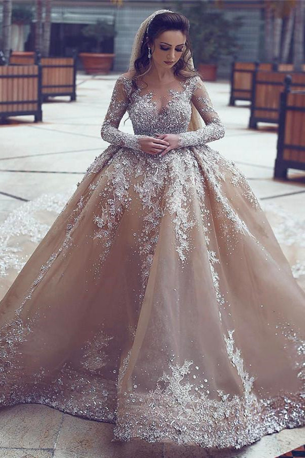 sequin appliques for wedding dress Sequin Appliques Wedding Gown: Elegant O-Neck Long Sleeve Bridal Dress, Court Train. Shop Now!