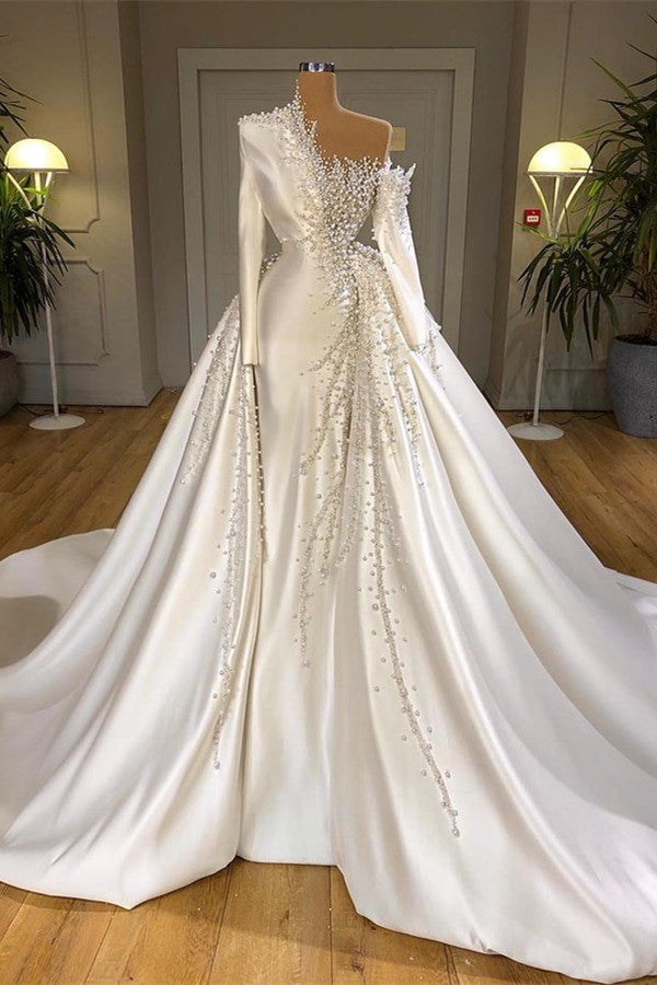 Luxurious Long Sleeve Pearls Overskirt Wedding Dress Online-Ballbella