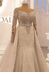 Luxurious Long Sleeves Crystal Wedding Dress Lace With Overskirt-Ballbella