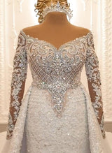 Luxurious Long Sleeves Crystal Wedding Dress Lace With Overskirt-Ballbella