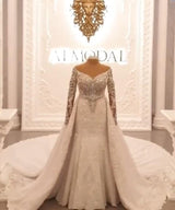 Luxurious Long Sleeves Crystal Wedding Dress Lace With Overskirt-Ballbella