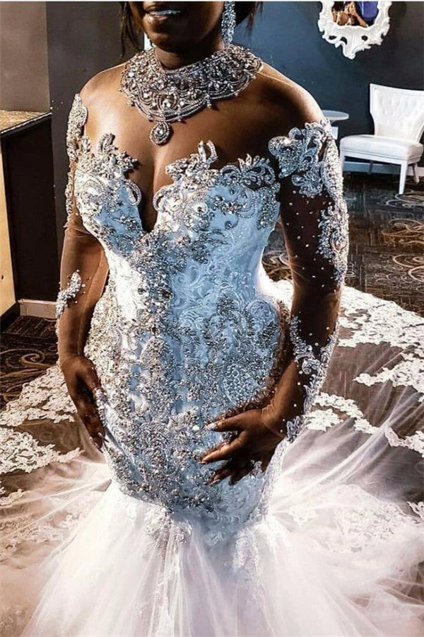 Luxurious Long Sleevess Beading Appliques Rhinestones Mermaid Wedding Dress  with Sweep Train – Ballbella