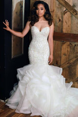 Luxurious Mermaid Beading Wedding Dresses Sweetheart Neck Ruffless Skirt Bridal Gowns-Ballbella