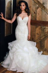 Luxurious Mermaid Beading Wedding Dresses Sweetheart Neck Ruffless Skirt Bridal Gowns-Ballbella