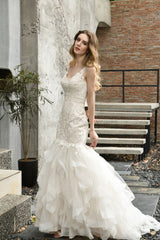 Luxurious Mermaid Ivory V neck Spring Lace Wedding Dress with Ruffless Train-Ballbella