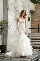 Luxurious Mermaid Ivory V neck Spring Lace Wedding Dress with Ruffless Train-Ballbella