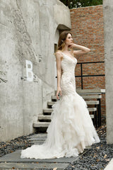 Luxurious Mermaid Ivory V neck Spring Lace Wedding Dress with Ruffless Train-Ballbella