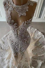 Luxurious Mermaid Lace Appliques Wedding Dress Sheer Skirt-Ballbella