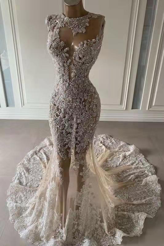 Luxurious Mermaid Lace Appliques Wedding Dress Sheer Skirt Luxurious Mermaid Lace Appliques Wedding Dress Sheer Skirt