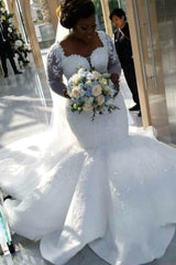 Luxurious Mermaid Lace Wedding Dresses Chapel Train Long Sleevess Appliques Bridal Gowms-Ballbella