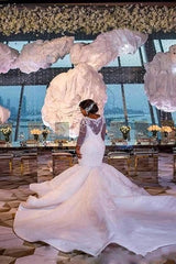Luxurious Mermaid Lace Wedding Dresses Chapel Train Long Sleevess Appliques Bridal Gowms-Ballbella