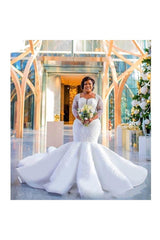Luxurious Mermaid Lace Wedding Dresses Chapel Train Long Sleevess Appliques Bridal Gowms-Ballbella