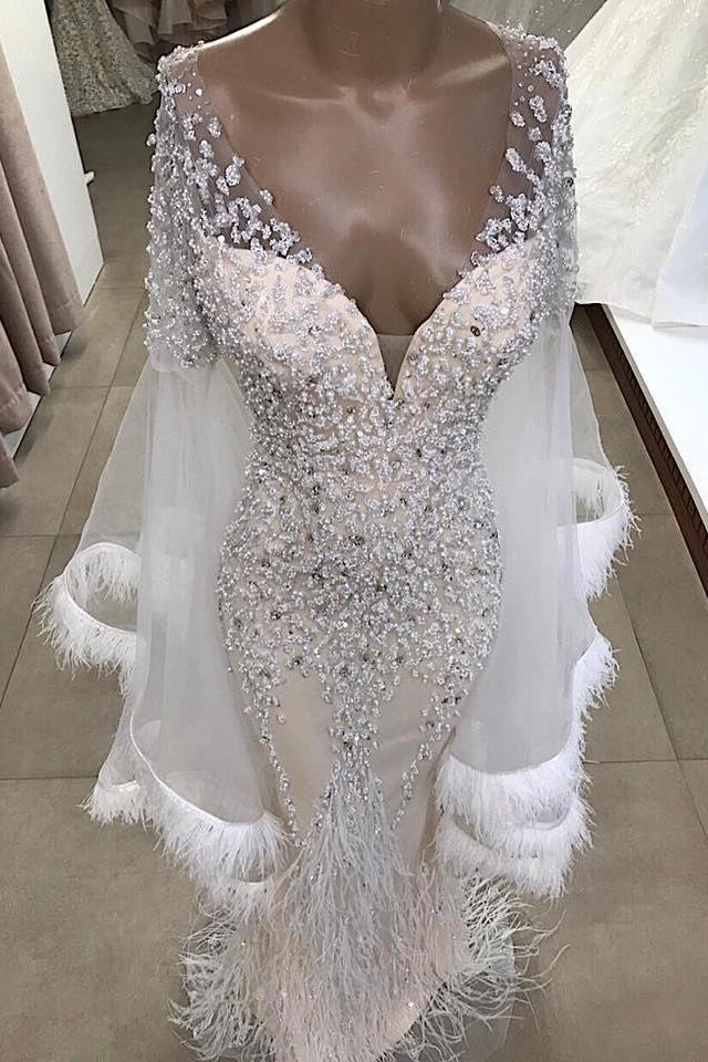 Luxurious Mermaid V-neck Long Sleevess Crystal Floor Length Prom Dresses With Tassels Luxurious Mermaid V-neck Long Sleevess Crystal Floor Length Prom Dresses With Tassels