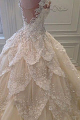 Luxurious Off the Shoulder Beading Wedding Dress Crystal Tiered Chapel Train Bridal Gowns-Ballbella