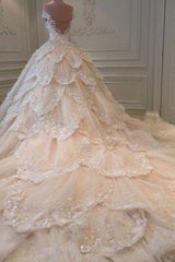 Luxurious Off the Shoulder Beading Wedding Dress Crystal Tiered Chapel Train Bridal Gowns-Ballbella