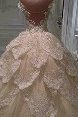 Luxurious Off the Shoulder Beading Wedding Dress Crystal Tiered Chapel Train Bridal Gowns-Ballbella