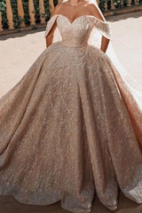 Luxurious Off the Shoulder Sequins Ball Gowns for Women A line Satin Bridal Gowns-Ballbella