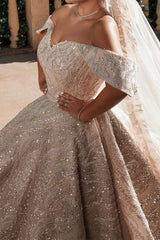 Luxurious Off the Shoulder Sequins Ball Gowns for Women A line Satin Bridal Gowns-Ballbella