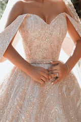 Luxurious Off the Shoulder Sequins Ball Gowns for Women A line Satin Bridal Gowns-Ballbella