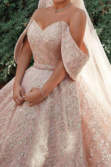 Luxurious Off the Shoulder Sequins Ball Gowns for Women A line Satin Bridal Gowns-Ballbella