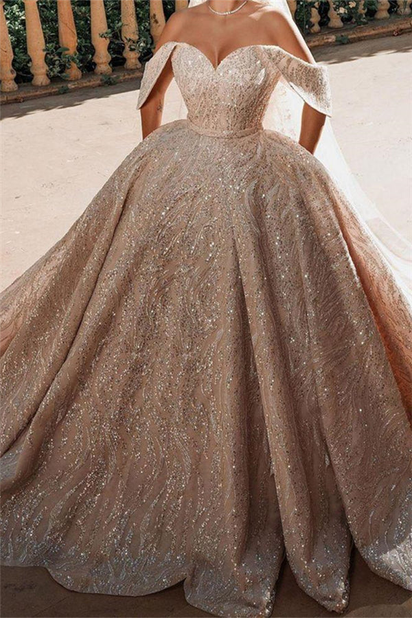Luxurious Off The Shoulder Sequins Ball Gowns for Women A Line Satin Bridal Gowns Luxurious Off The Shoulder Sequins Ball Gowns for Women A Line Satin Bridal Gowns