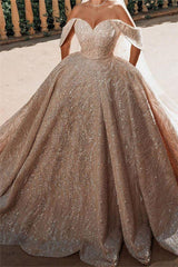 Luxurious Off the Shoulder Sequins Ball Gowns for Women A line Satin Bridal Gowns-Ballbella