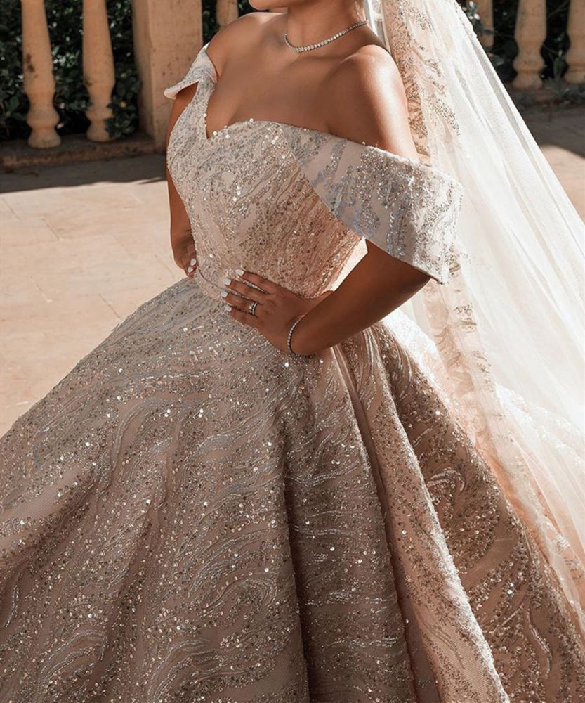 Luxurious Princess Ball Gown Long Sleevess Sparkly sequins Bridal Gowns  with Sweep Train – Ballbella