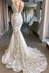 Luxurious Plunging V neck Mermaid Lace Wedding Dresses Romantic Bridal Gowns for Garden Wedding-Ballbella