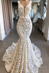 Luxurious Plunging V neck Mermaid Lace Wedding Dresses Romantic Bridal Gowns for Garden Wedding-Ballbella