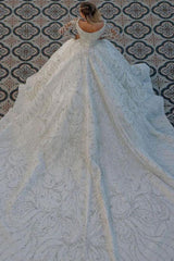 Luxurious Princess Ball Gown Long Sleevess Sparkly sequins Bridal Gowns with Sweep Train-Ballbella