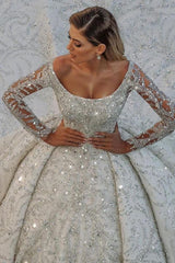 Luxurious Princess Ball Gown Long Sleevess Sparkly sequins Bridal Gowns with Sweep Train-Ballbella