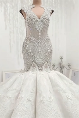 Luxurious Sleeveless Appliques Rhinestones Mermaid Wedding Bridal Gowns-Ballbella