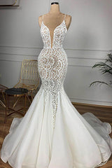 Luxurious Spaghetti Strap Plugging V neck White Sleeveless Mermaid Hollow Wedding Dress-Ballbella